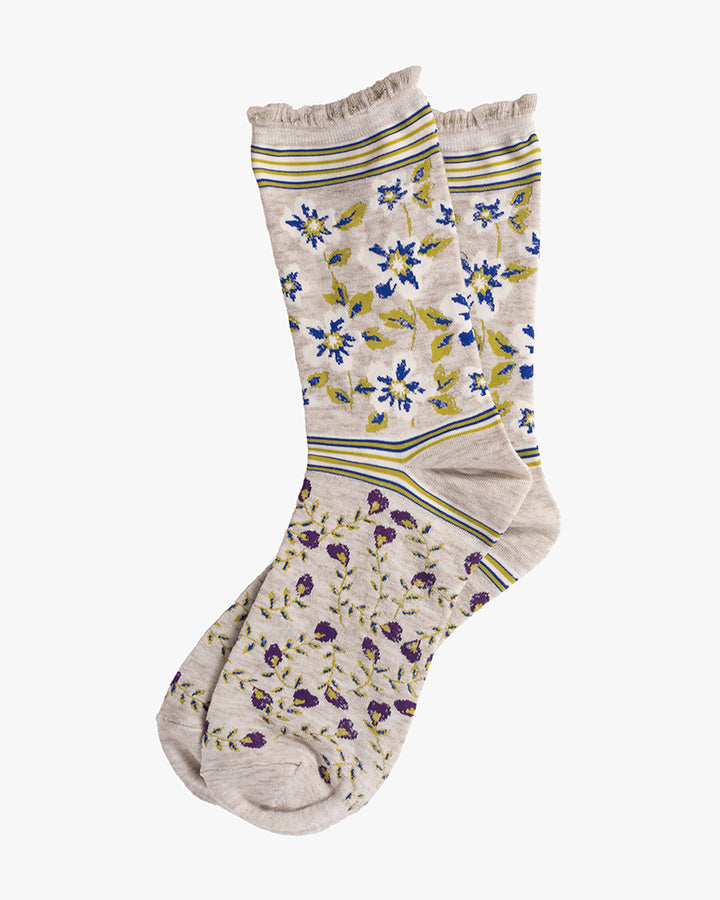 Debby Co., Crew Socks, Maison Blanche Collection, Grey with Green and Blue Shima and Flowers