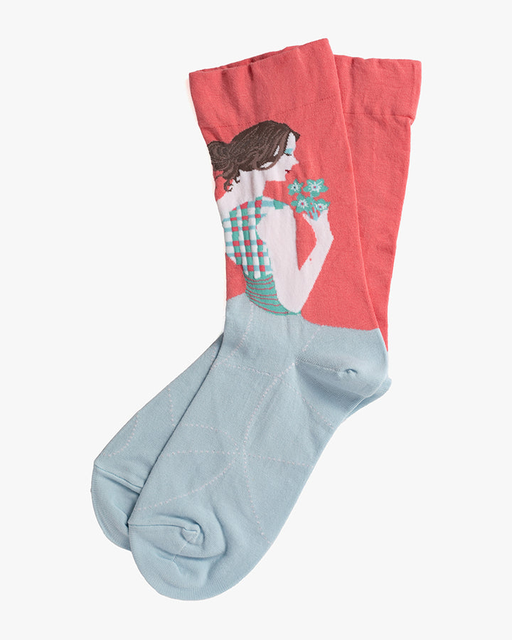 Debby Co., Crew Socks, Andé Collection, Pink with Girl Holding Flowers