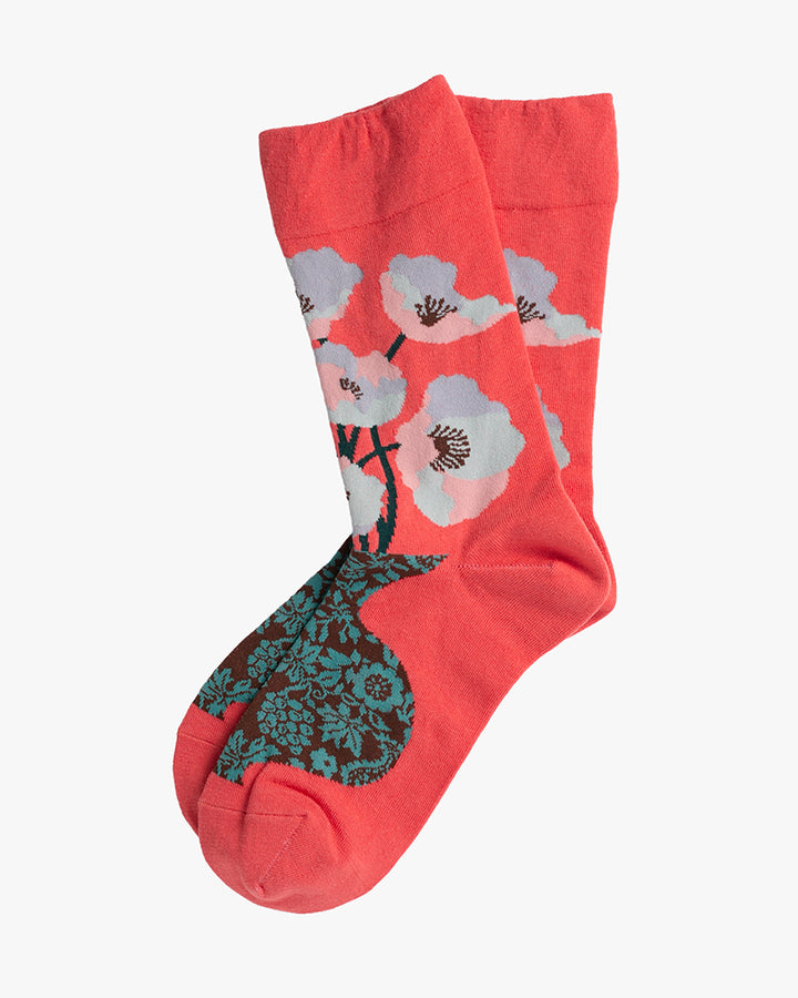 Debby Co., Crew Socks, Andé Collection, Strawberry with Multi-Color Flowers and Teal Patterns