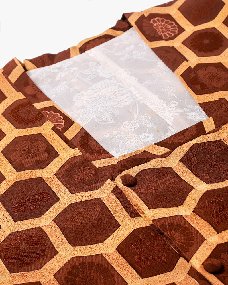 Kiriko Custom, Altered Kimono Jacket, Brown Honeycomb Pattern with Flowers