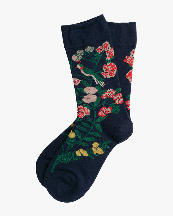 Debby Co., Crew Socks, Andé Collection, Indigo with Multi-Color Garden and Bird