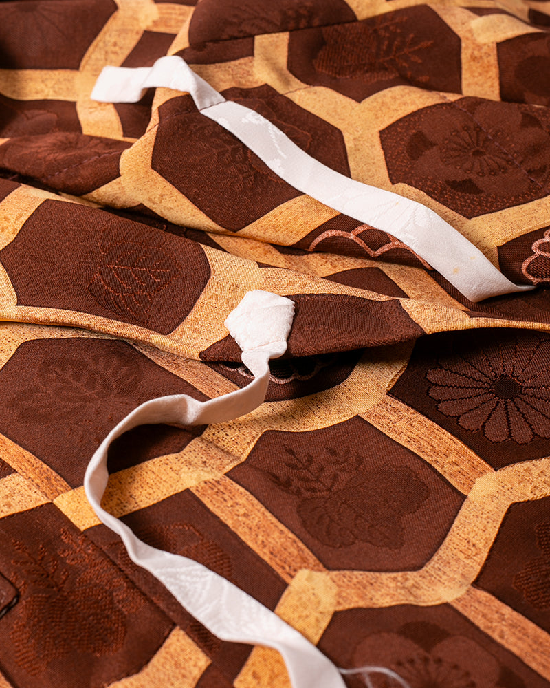 Kiriko Custom, Altered Kimono Jacket, Brown Honeycomb Pattern with Flowers