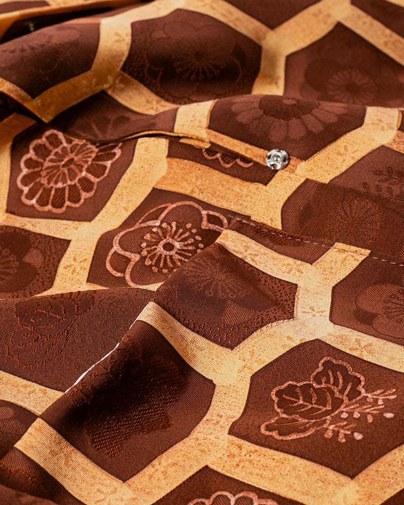Kiriko Custom, Altered Kimono Jacket, Brown Honeycomb Pattern with Flowers