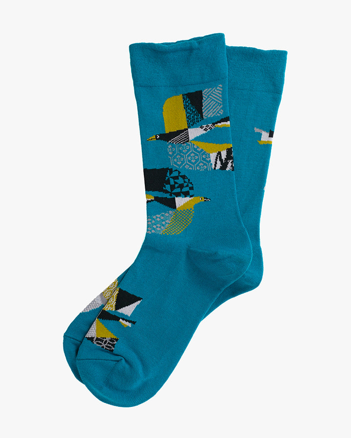 Debby Co., Crew Socks, Andé Collection, Teal Abstract Birds