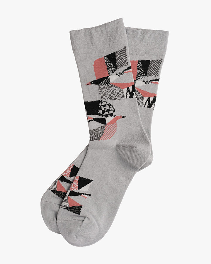 Debby Co., Crew Socks, Andé Collection, Grey Abstract Birds