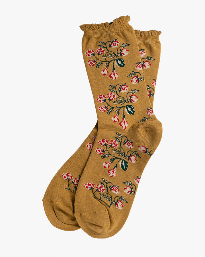 Debby Co., Crew Socks, Maison Blanche Collection, Mustard with Red Floral