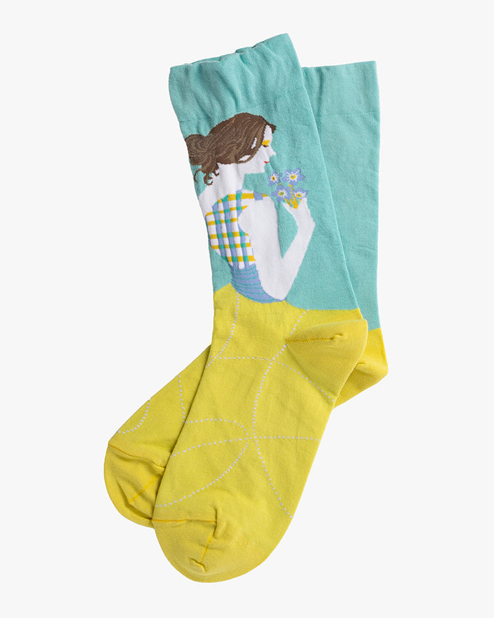 Debby Co., Crew Socks, Andé Collection, Blue and Lime with Girl Holding Flowers