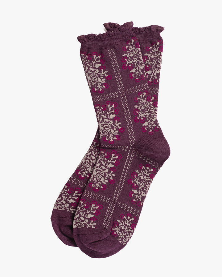 Debby Co., Crew Socks, Maison Blanche Collection, Plum with White Floral Patterns