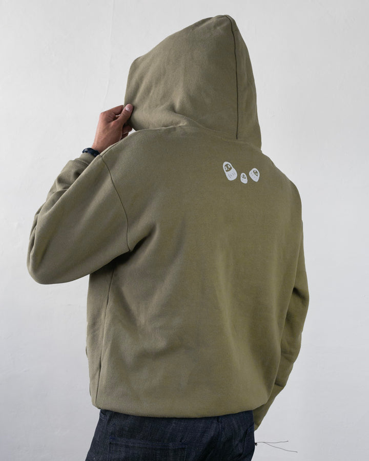 Kiriko Original Hoodie, Printed Daruma, Green with White