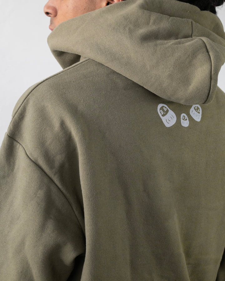 Kiriko Original Hoodie, Printed Daruma, Green with White