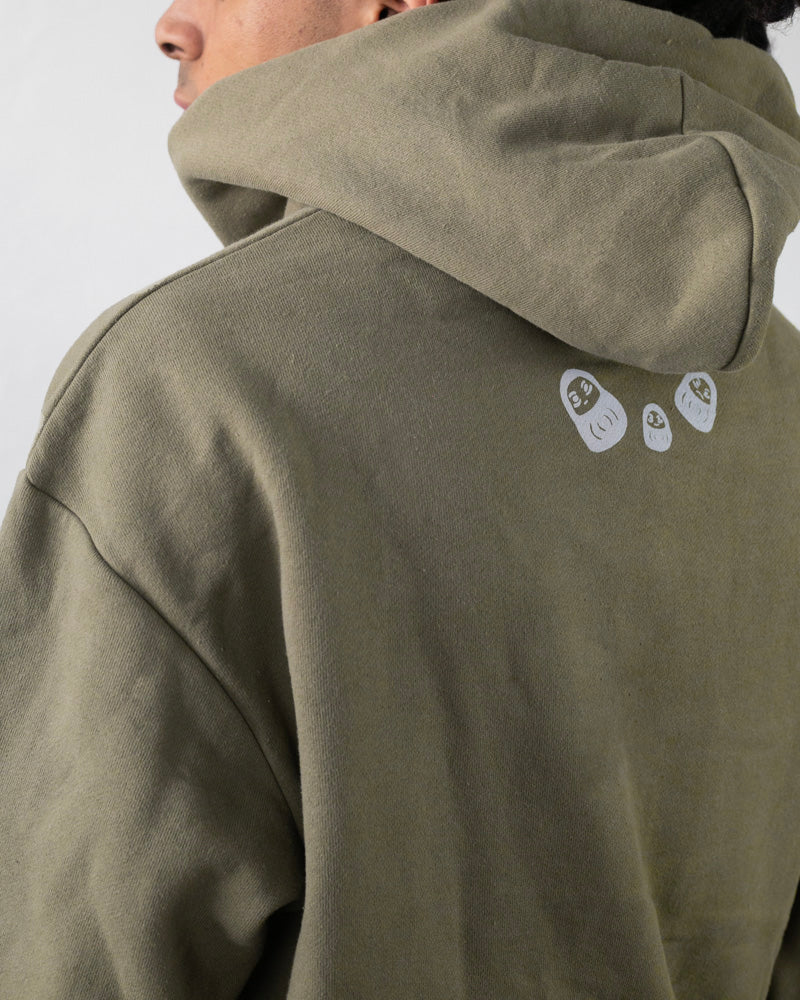 Kiriko Original Hoodie, Printed Daruma, Green with White