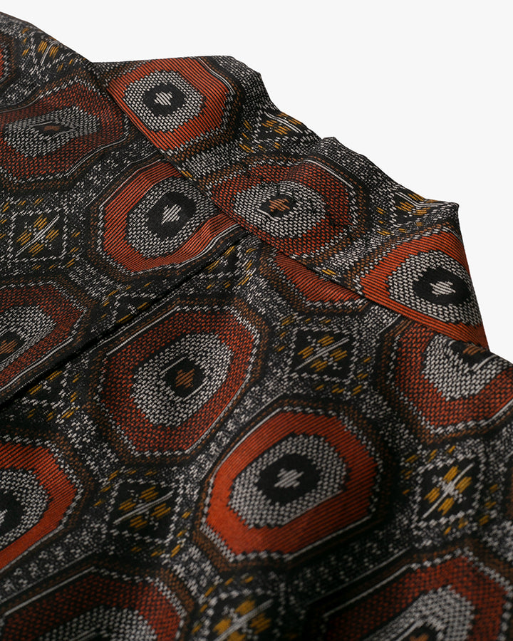 Kiriko Custom, Altered Kimono Jacket, Gray with Red Geometric Pattern and Yellow Accents