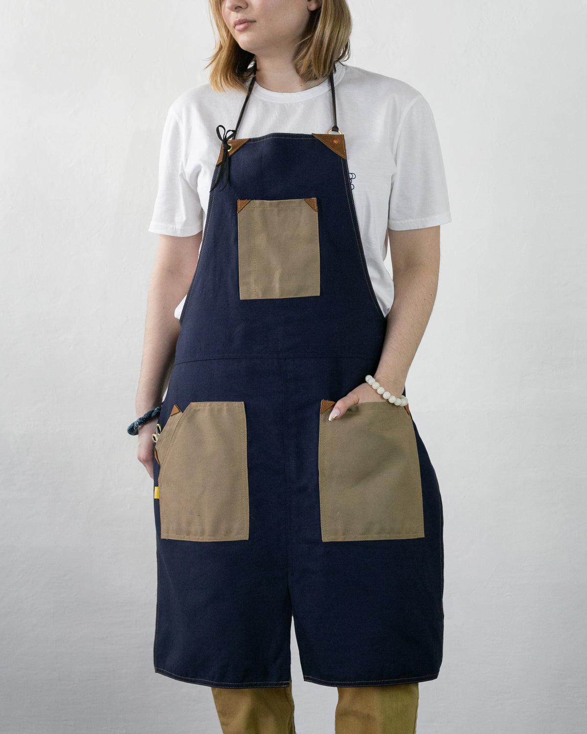 Kokoro Original Work Apron, Full, Canvas Two-Tone, Navy with Beige Pockets