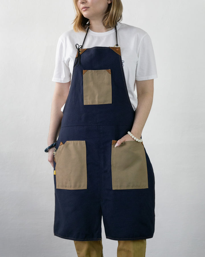 Kokoro Original Work Apron, Full, Canvas Two-Tone, Navy with Beige Pockets