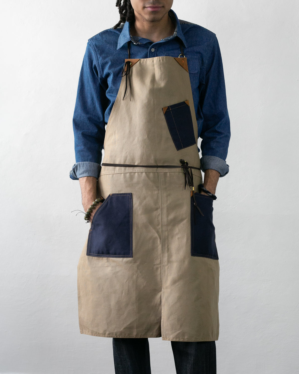 Kokoro Original Work Apron, Full, Canvas Two-Tone, Beige with Navy Pockets