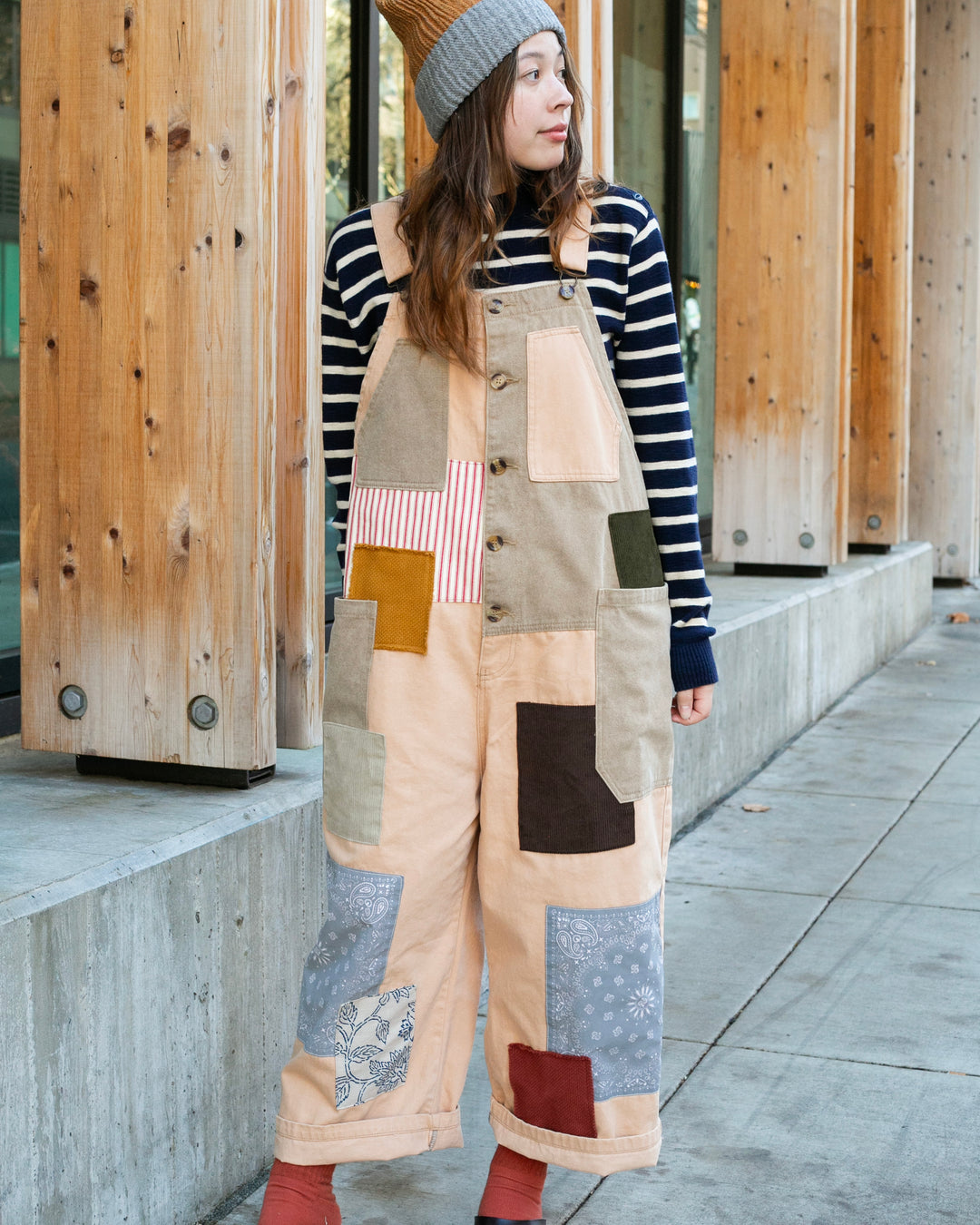 Kiriko Custom Patched Overalls, Colorblock Canvas, Tan