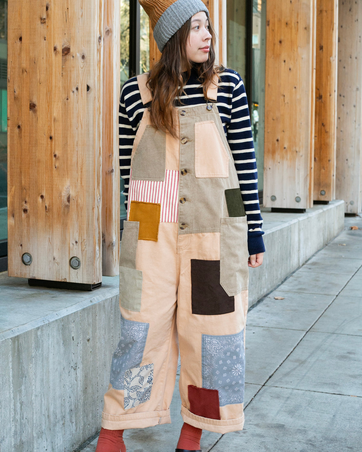 Kiriko Custom Patched Overalls, Colorblock Canvas, Tan