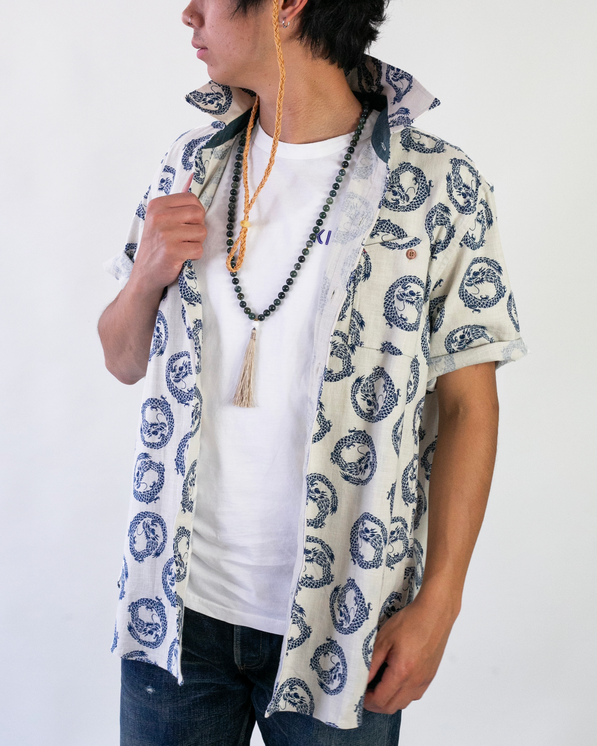 Kiriko Original Button-Up Shirt, Short Sleeve, Cream Dragon
