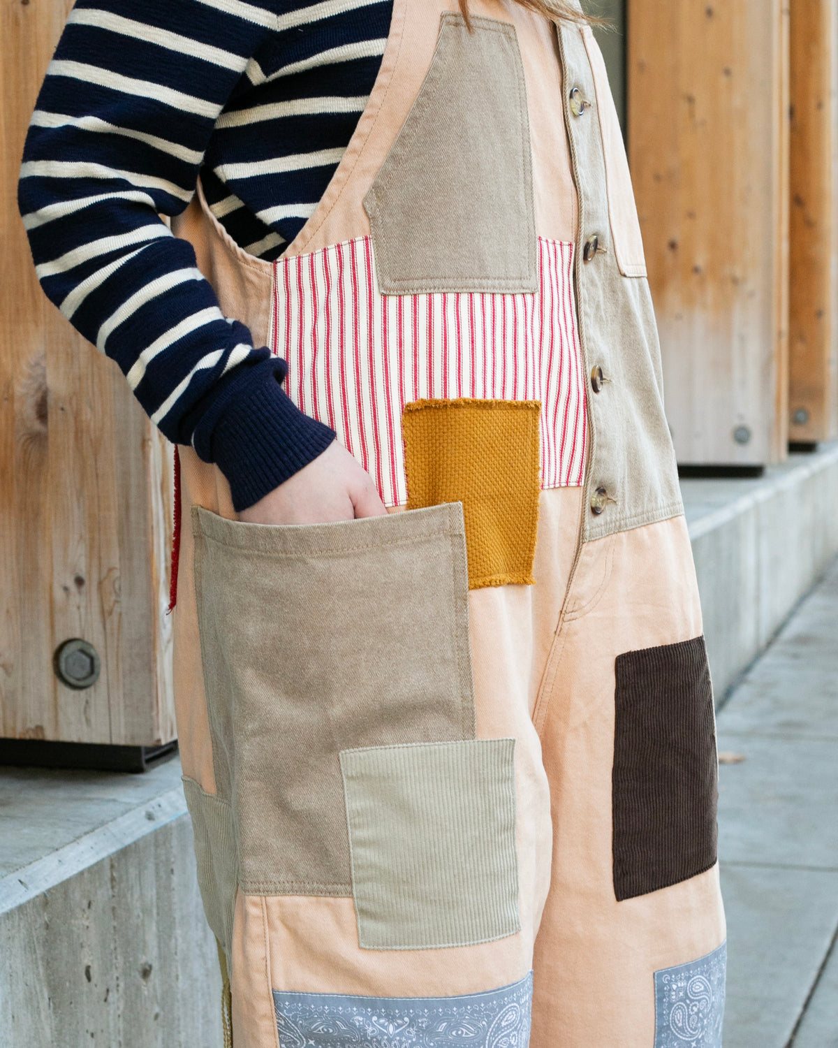 Kiriko Custom Patched Overalls, Colorblock Canvas, Tan