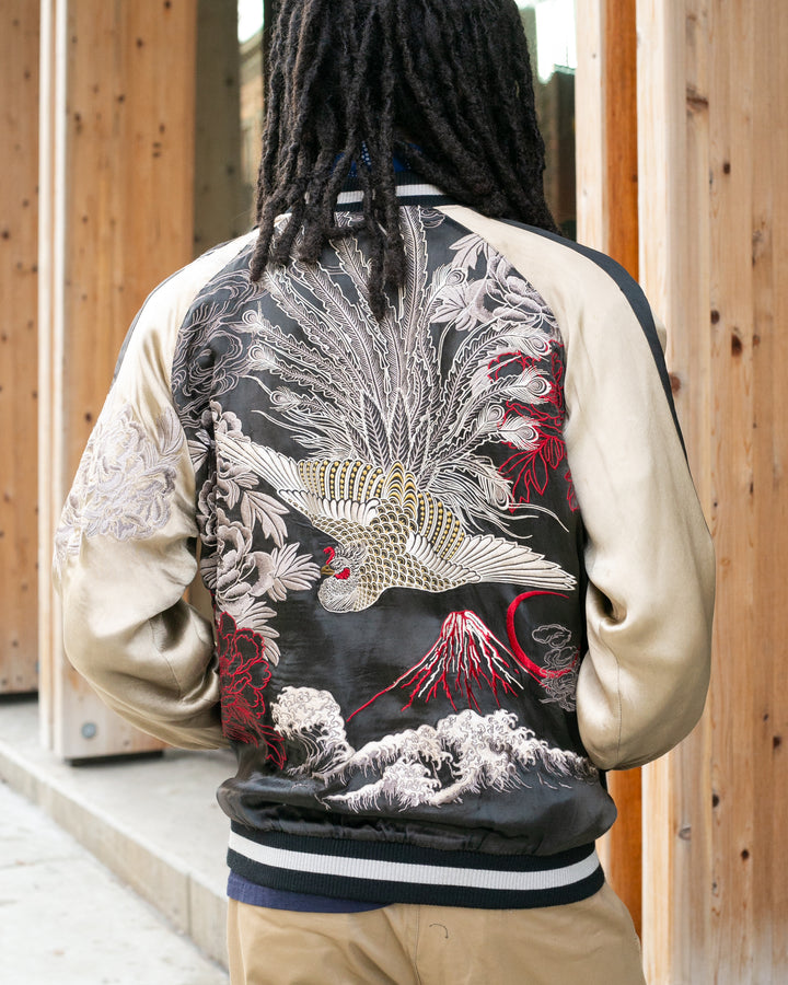 Japanese Repro Souvenir Jacket, Reversible, Black and Gold, Crest and Peacock