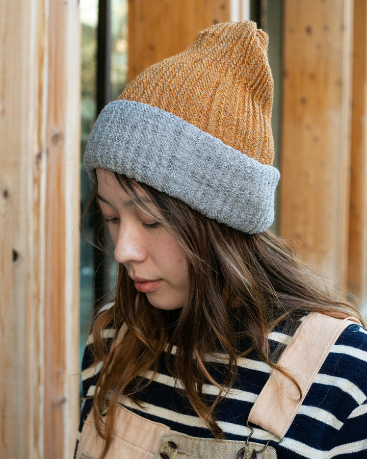 Kobo Oriza Knit Cap, Multi Functional, Cotton and Wool Blend, Split Camel and Grey, 9 "