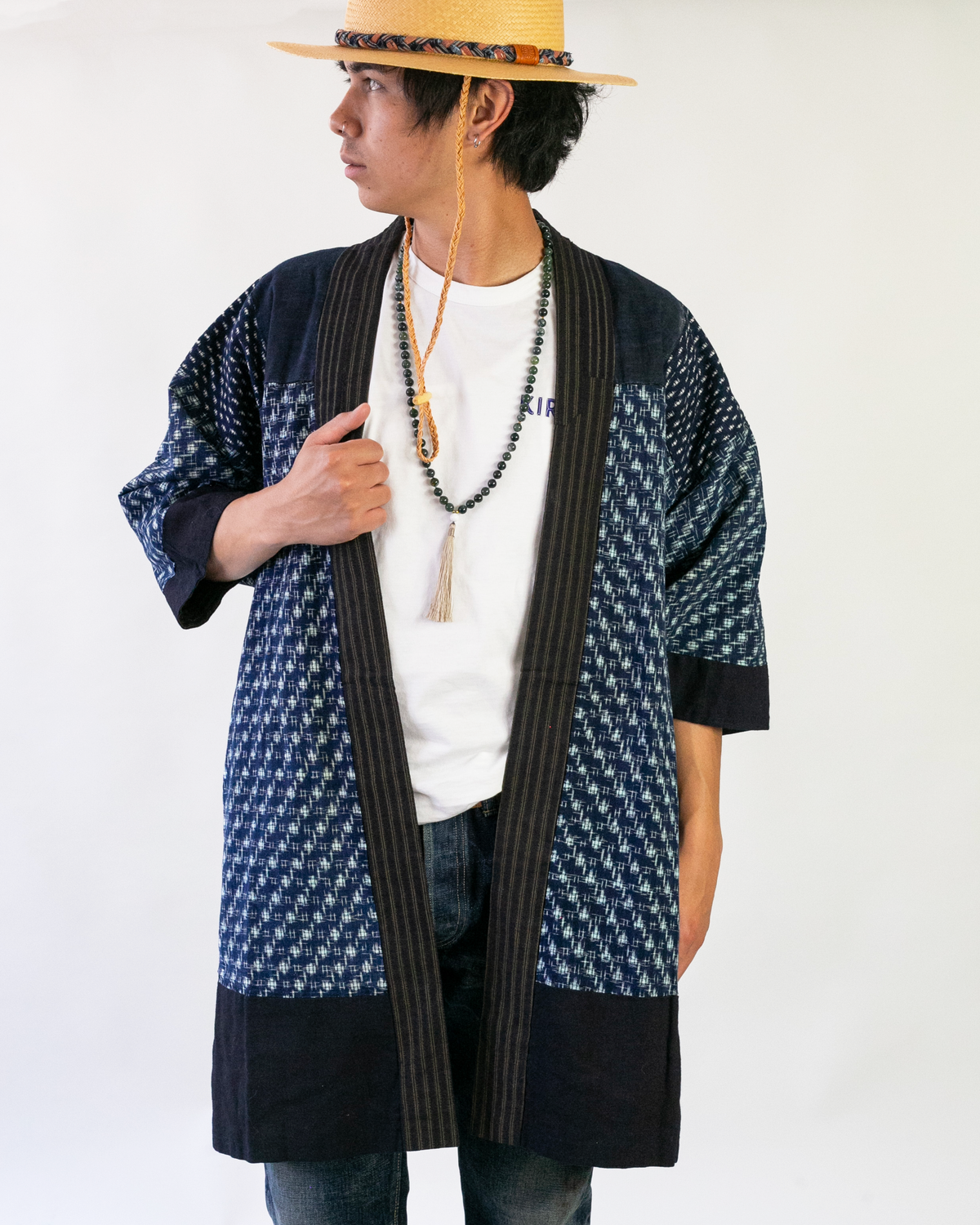 Vintage Noragi Jacket, Fully Sashiko Stitched, Yellow Stripe and Kasuri