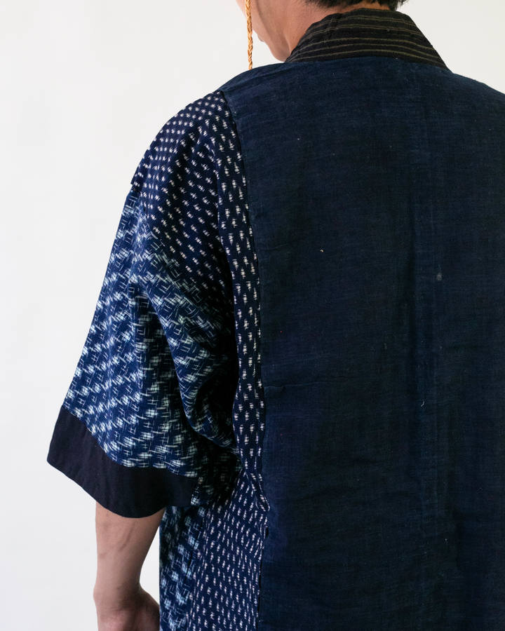 Vintage Noragi Jacket, Fully Sashiko Stitched, Yellow Stripe and Kasuri