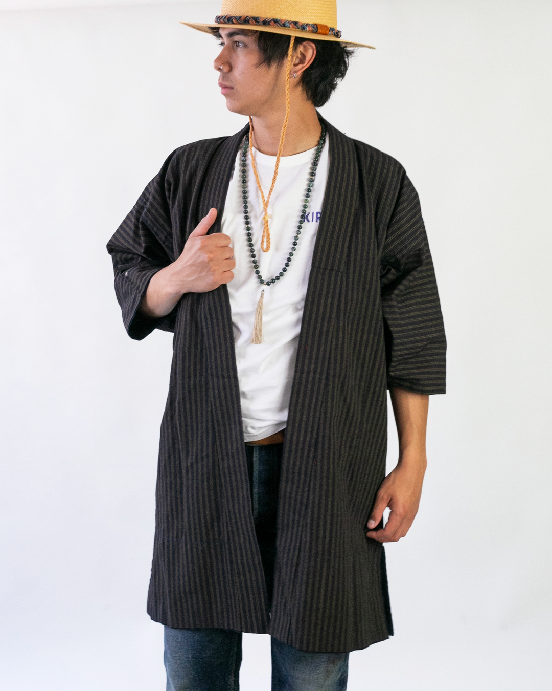 Vintage Noragi Jacket, Fully Sashiko Stitched, Yellow Stripe and Kasuri