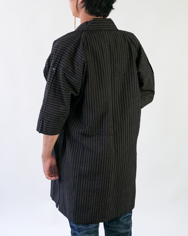 Vintage Noragi Jacket, Fully Sashiko Stitched, Yellow Stripe and Kasuri