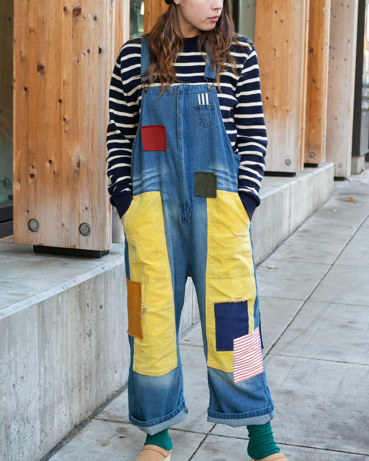 Kiriko Custom Patched Overalls, Colorblock Denim #2