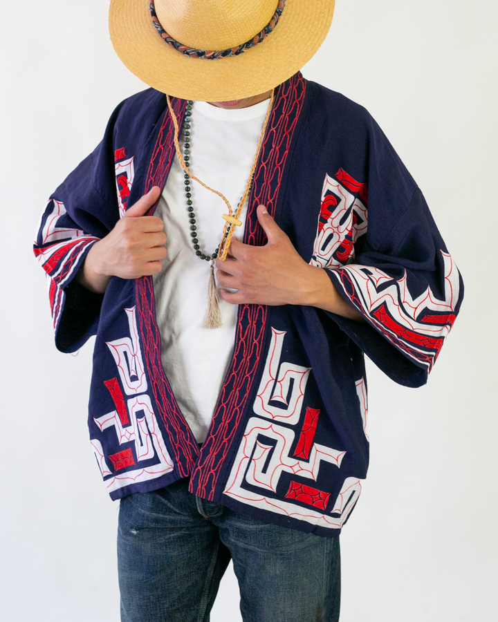 Vintage Ainu Jacket, Navy with Red and White