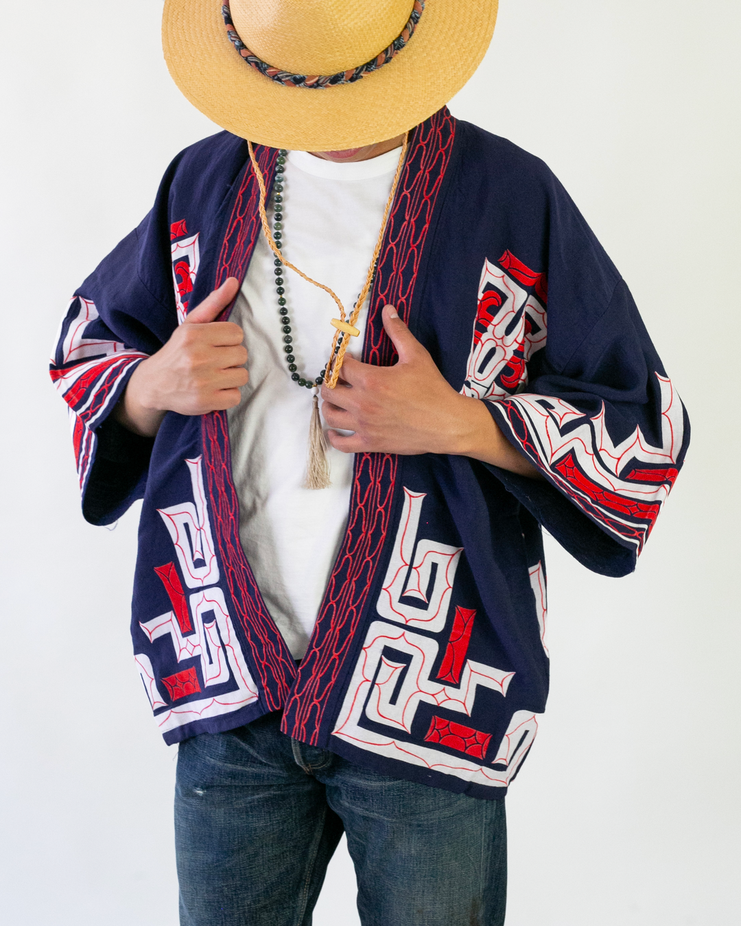 Vintage Ainu Jacket, Navy with Red and White