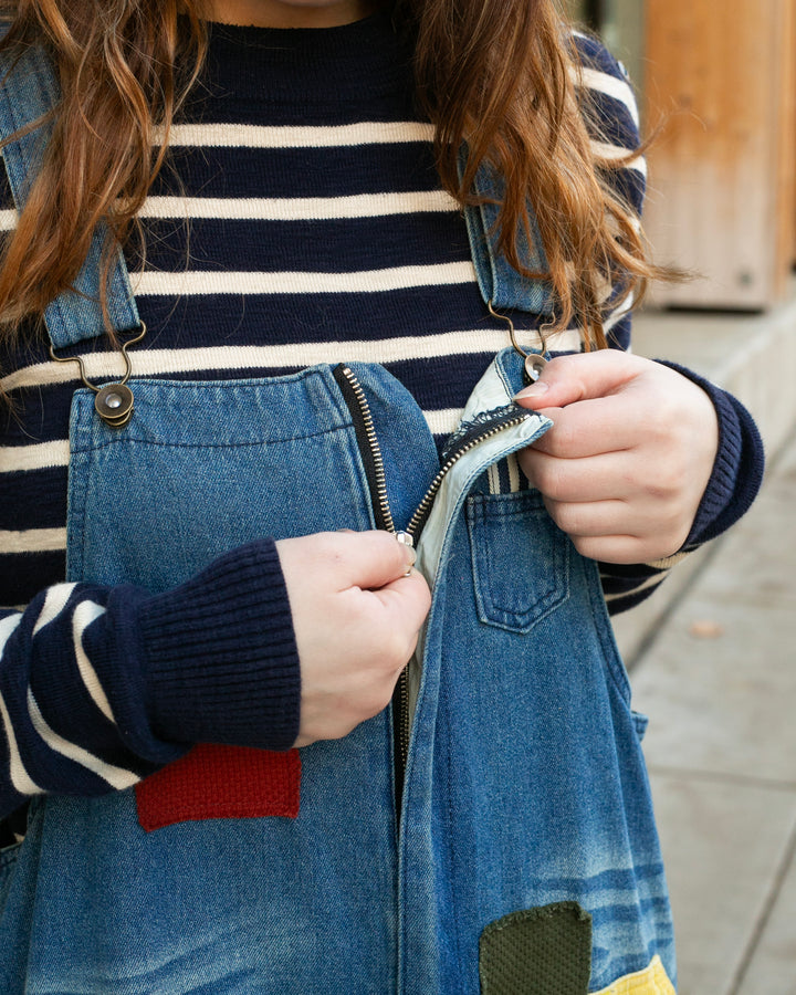Kiriko Custom Patched Overalls, Colorblock Denim 