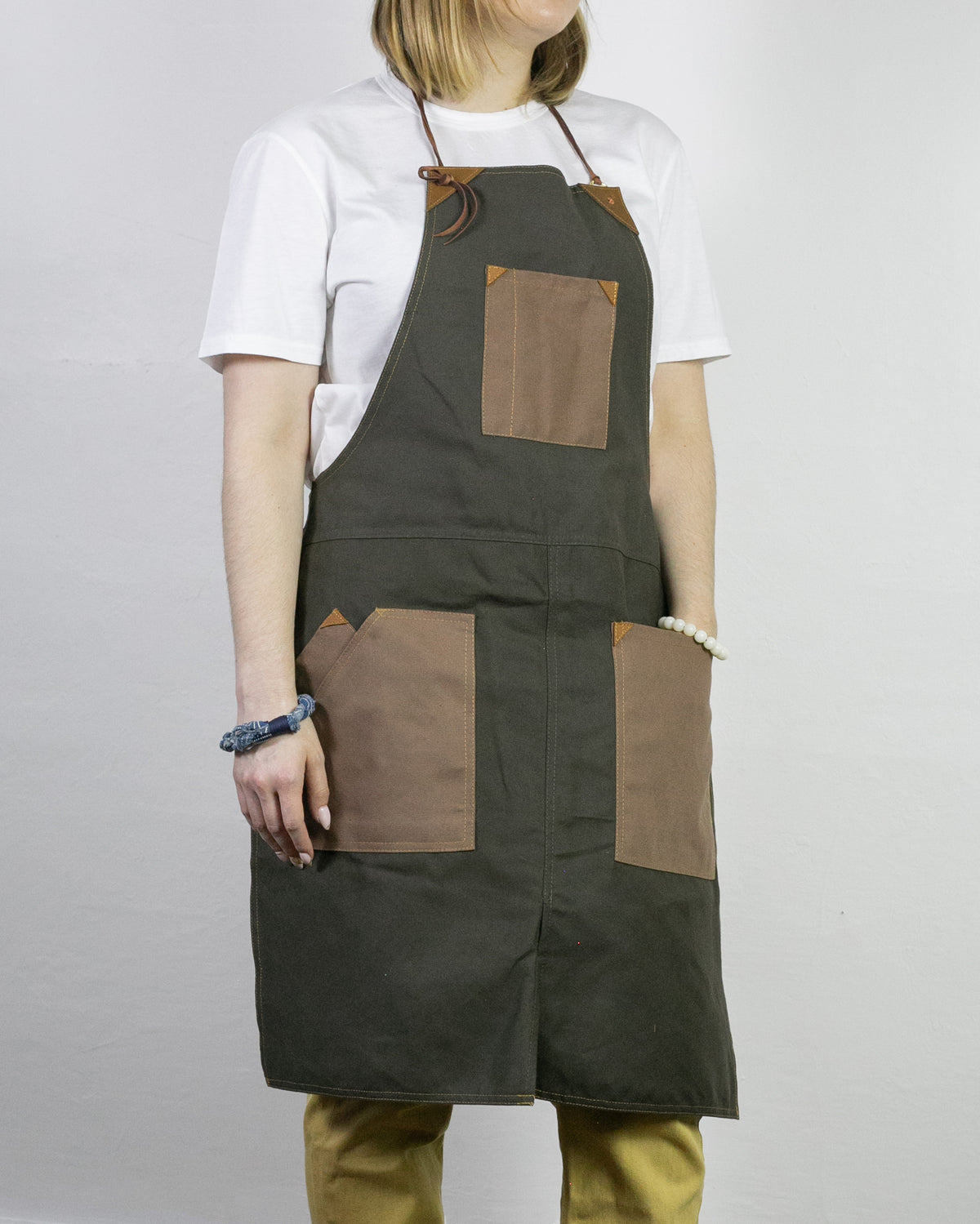 Kokoro Original Work Apron, Full, Canvas Two-Tone, Olive with Brown Pockets