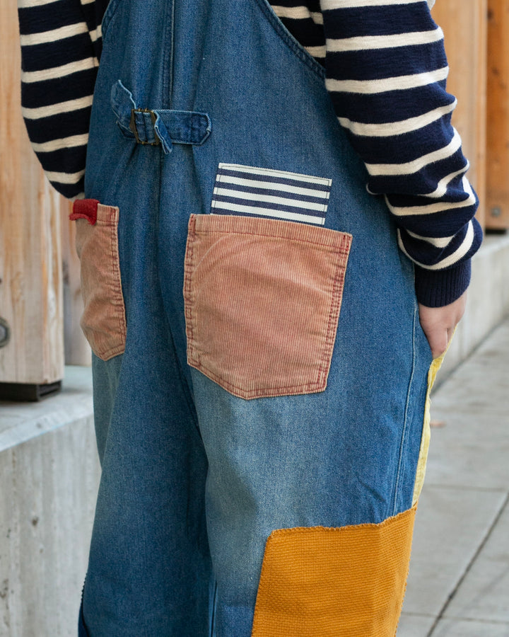Kiriko Custom Patched Overalls, Colorblock Denim 