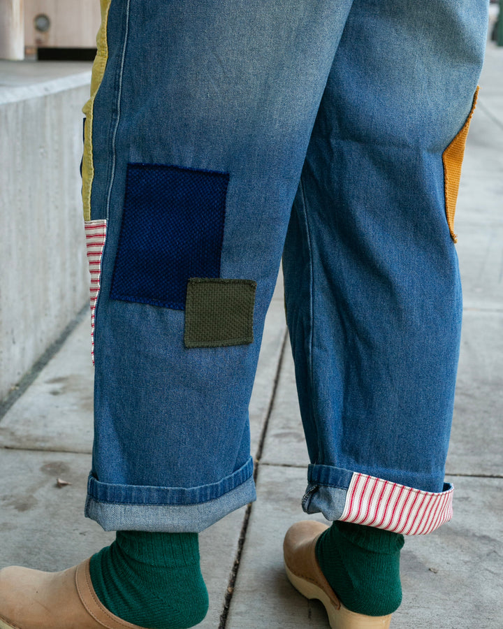 Kiriko Custom Patched Overalls, Colorblock Denim 