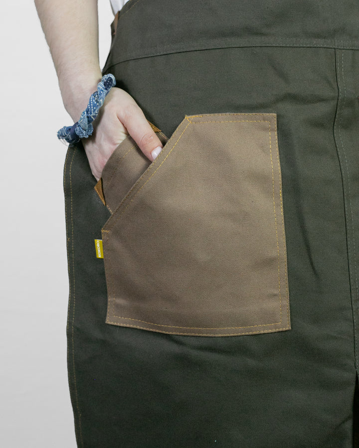 Kokoro Original Work Apron, Full, Canvas Two-Tone, Olive with Brown Pockets