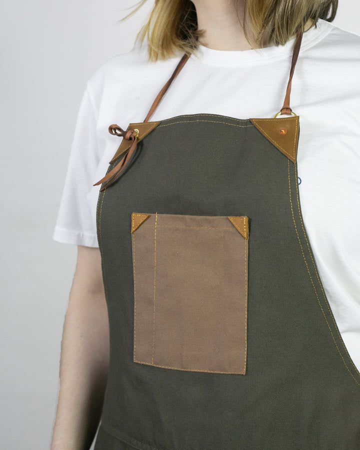 Kokoro Original Work Apron, Full, Canvas Two-Tone, Olive with Brown Pockets