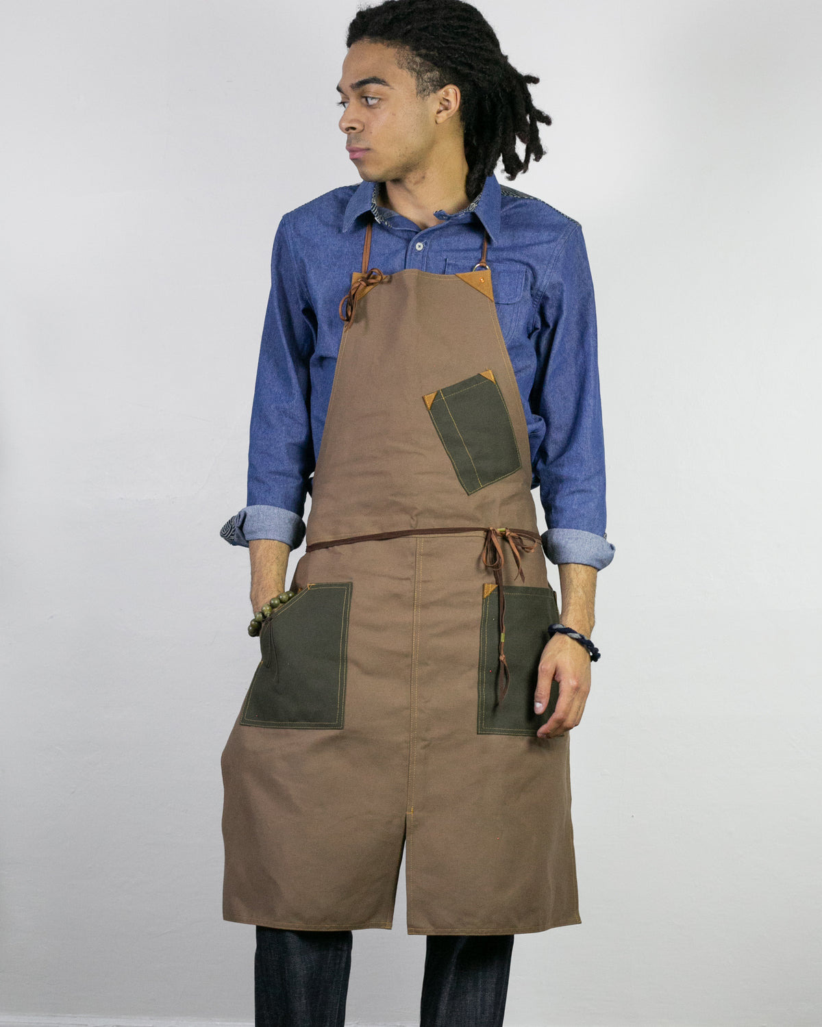 Kokoro Original Work Apron, Full, Canvas Two-Tone, Brown with Olive Pockets