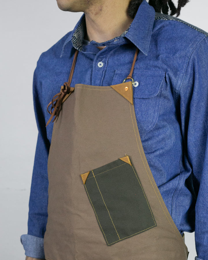 Kokoro Original Work Apron, Full, Canvas Two-Tone, Brown with Olive Pockets