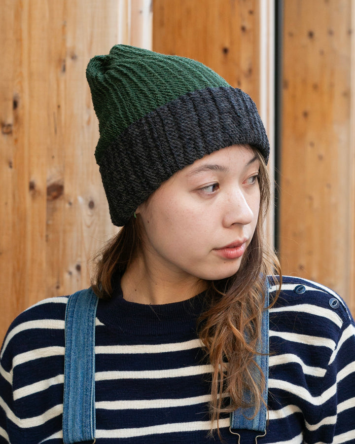 Kobo Oriza Knit Cap, Multi Functional, Cotton and Wool Blend, Split Dark Green and Charcoal, 9 "