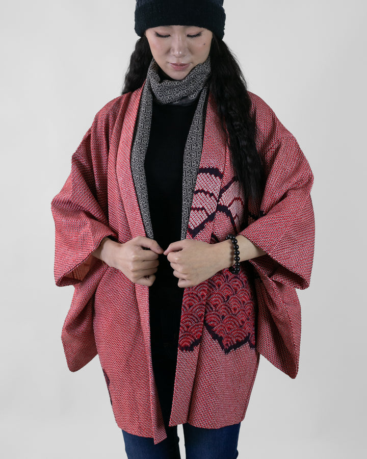 Vintage Haori Jacket, Full Shibori, Crimson Seigaiha