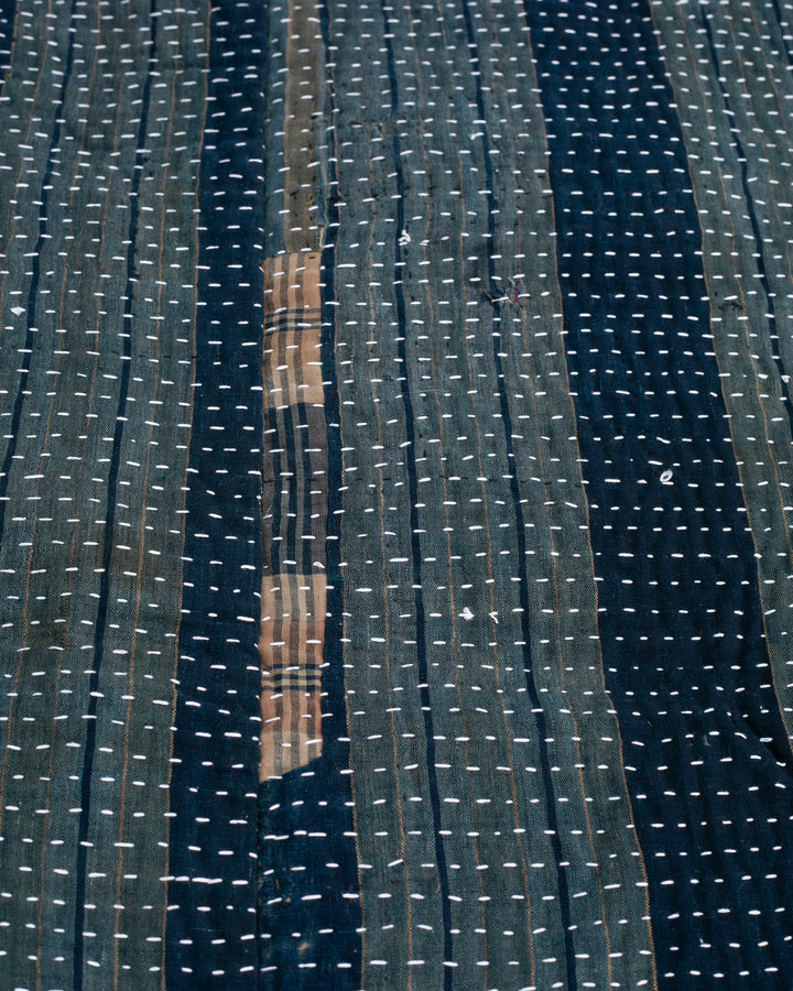 Vintage Boro Blanket, Indigo Katazome Kiku and Shima, Fully Sashiko-Stitched