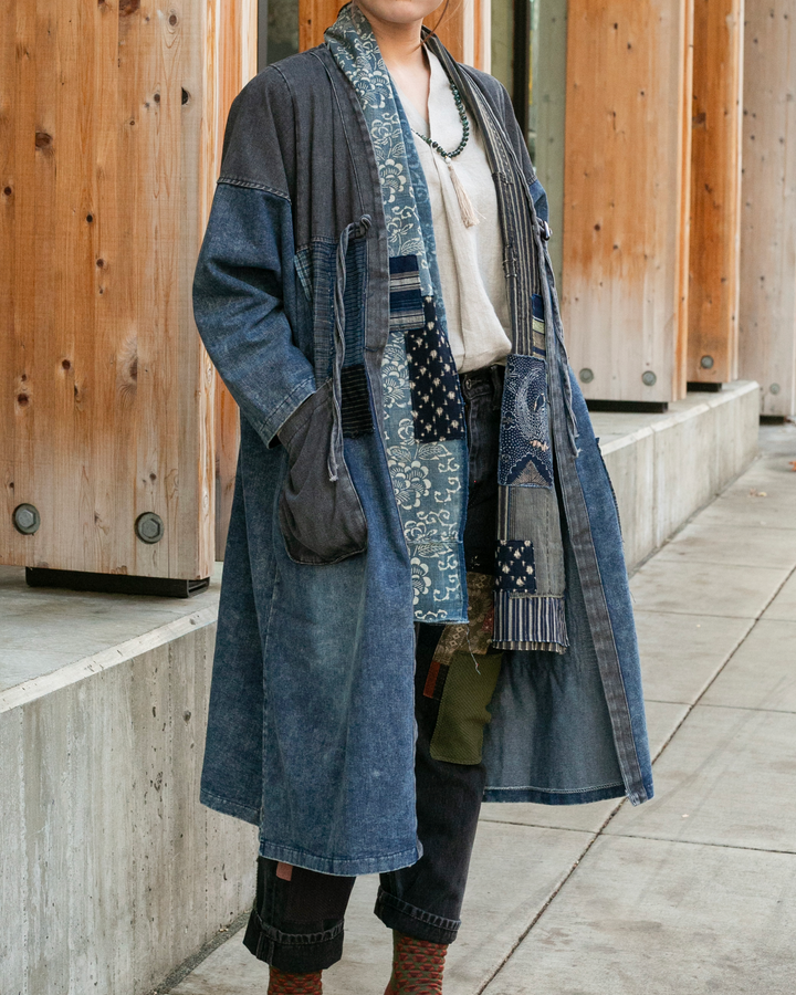 Kiriko Original Long Robe, Faded Indigo and Charcoal Denim, Patched with Boro and Sashi-Ori