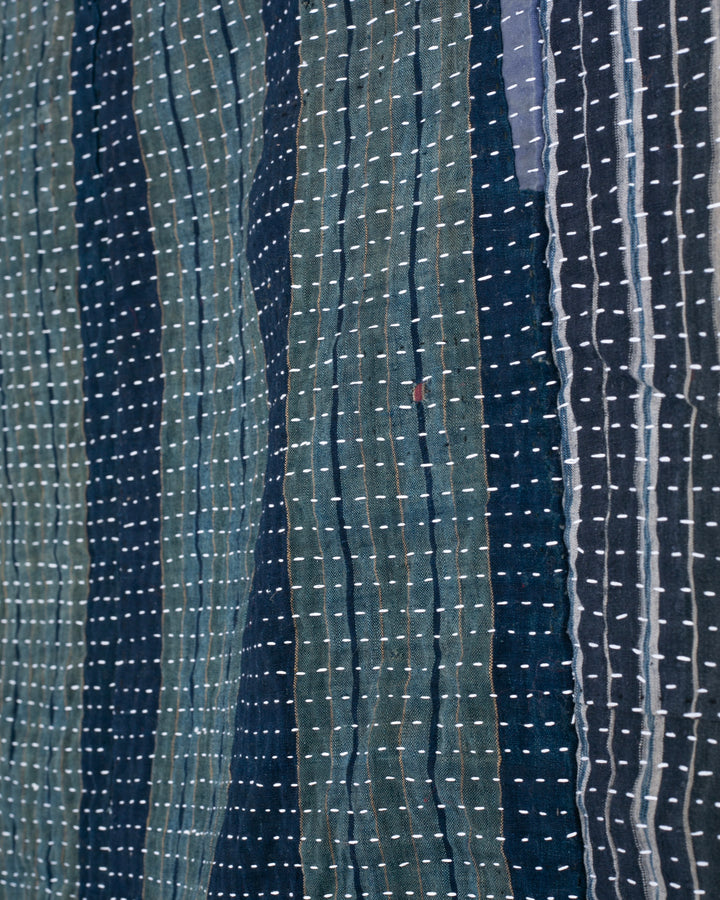 Vintage Boro Blanket, Indigo Katazome Kiku and Shima, Fully Sashiko-Stitched