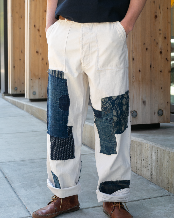 Kiriko Custom Canvas Wide Pants, Patched Vintage Boro, White with Blue Patches- 32"