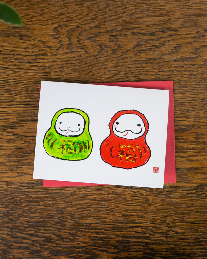 Postcards, Card with Envelope, Green and Red Daruma