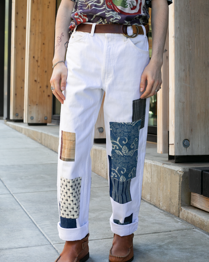 Kiriko Custom Denim Jeans, Patched Vintage Boro, Levi's Brand, White with Blue and Gold Patches- 31"