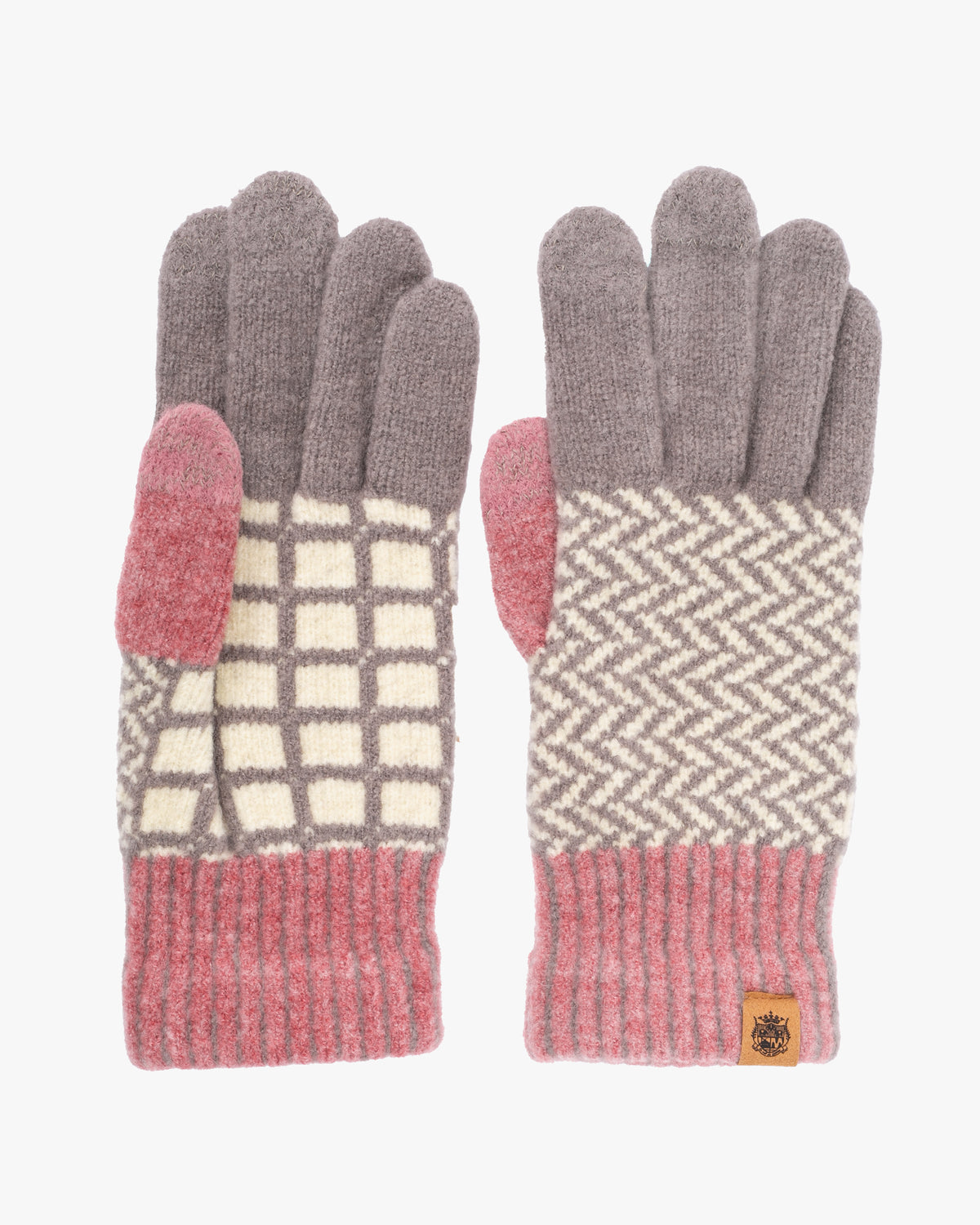 Gloves, Bisque, Tehtava, Pink and Grey Herringbone, Touchscreen