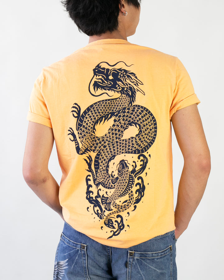 Kiriko Original Tee, 6 oz Cotton, Yellow with Indigo Koi-Dragon